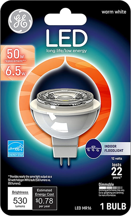 GE 93095551 LED Bulb, Track/Recessed, 500 Lumens, 7 W, MR16 Lamp, 50 W Equivalent, GU5.3 Lamp Base, Dimmable, Clear