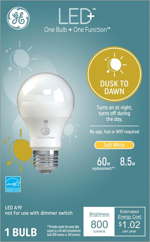 GE 93101946 LED Bulb, General Purpose, A19 Lamp, 60 W Equivalent, E26 Lamp Base, White, Soft White Light