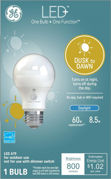 GE LED+ 93121487 Dusk To Dawn Light Bulb, General-Purpose, A19 Lamp, 60 W Equivalent, Medium (E26) Lamp Base