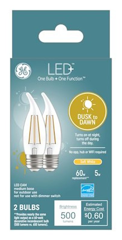 GE LED+ 93121493 Dusk To Dawn Light Bulb, 500 Lumens, 5 W, CAM Lamp, 60 W Equivalent, Medium (E26) Lamp Base, 2/PK