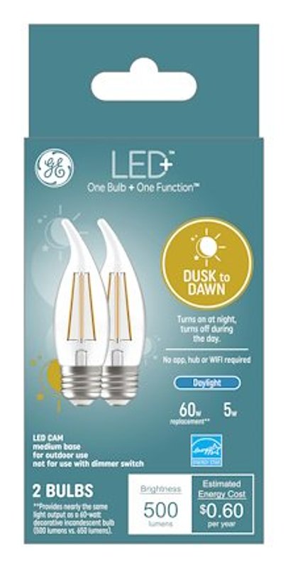 GE LED+ 93121494 Dusk To Dawn Light Bulb, 500 Lumens, 5 W, CAM Lamp, 60 W Equivalent, Medium (E26) Lamp Base, Dimmable