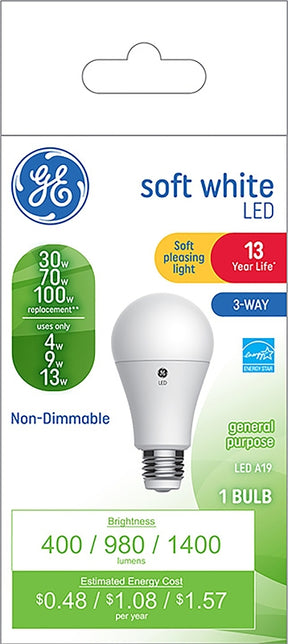 GE 93126861 Light Bulb, 3-Way, A19 Lamp, 30, 70, 100 W Equivalent, Medium Lamp Base, Non-Dimmable, White