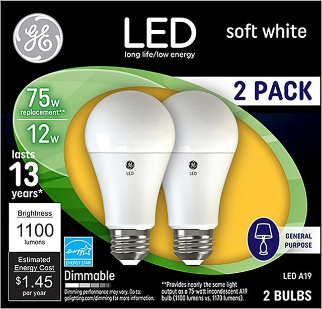 GE 93127324 Light Bulb, General-Purpose, A19 Lamp, 75 W Equivalent, Medium (E26) Lamp Base, Dimmable, Frosted