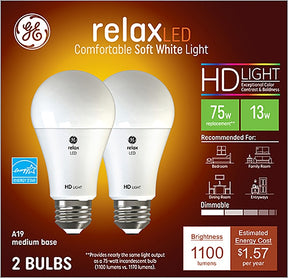 GE Relax 93127613 Light Bulb, General-Purpose, High-Definition, A19 Lamp, 75 W Equivalent, Medium (E26) Lamp Base