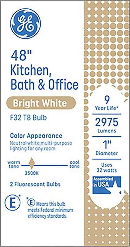 GE 66837 Light Bulb, 32 W, T8 Lamp, G13 Medium Bi-Pin Lamp Base, 2975 Lumens, 3500 K Color Temp, Pack of 24