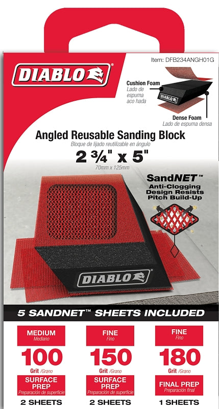 Diablo SandNET DFB234ANGH01G Reusable Angled Hand Sanding Block, 2-3/4 in L, 5 in W, 80, 120, 220 Grit, Multi-Grade
