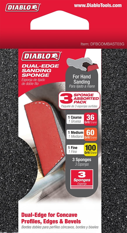 Diablo DFBCOMBAST03G Sanding Sponge Assortment, 4 in L, 2-1/2 in W, 36, 60, 100 Grit, Fine, Medium, Ultra Coarse