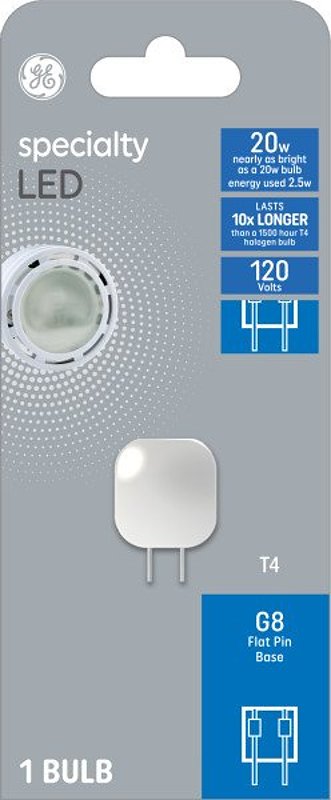 GE 93129078 Specialty LED Bulb, T4 Lamp, G8 Flat Pin Lamp Base, No, 3000 K Color Temp