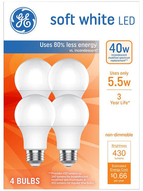 GE 93131062 LED Light Bulb, General-Purpose, A19 Lamp, 40 W Equivalent, E26 Medium Lamp Base, Non-Dimmable