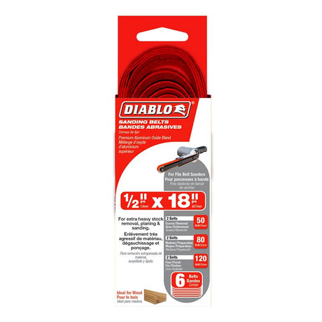 Diablo DCB518ASTS06G Sanding Belt, 1/2 in W, 18 in L, 50, 80, 120 Grit, Coarse, Fine, Medium, Zirconium Abrasive