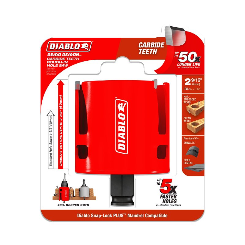 Diablo Demo Demon DHS2563CTR Hole Saw, 2-9/16 in Dia, 2-3/8 in D Cutting, 1-5/8 in Arbor, Carbide Cutting Edge