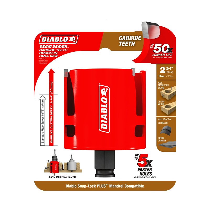 Diablo Demo Demon DHS2750CTR Hole Saw, 2-3/4 in Dia, 2-3/8 in D Cutting, 1-5/8 in Arbor, Carbide Cutting Edge