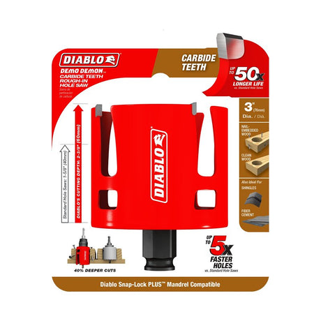Diablo Demo Demon DHS3000CTR Hole Saw, 3 in Dia, 2-3/8 in D Cutting, 1-5/8 in Arbor, Carbide Cutting Edge