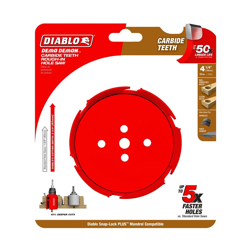 Diablo Demo Demon DHS4250CTR Hole Saw, 4-1/4 in Dia, 2-3/8 in D Cutting, 1-5/8 in Arbor, Carbide Cutting Edge