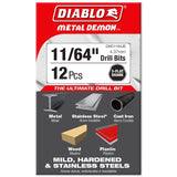 Diablo Metal Demon DMD1164JP1 Drill Bit, 11/64 in Dia, 3.1 in OAL, Three-Flat Shank, Pack of 12