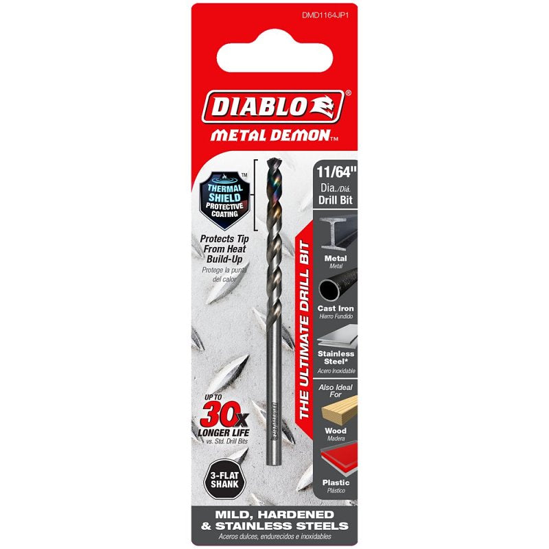 Diablo Metal Demon DMD1164JP1 Drill Bit, 11/64 in Dia, 3.1 in OAL, Three-Flat Shank