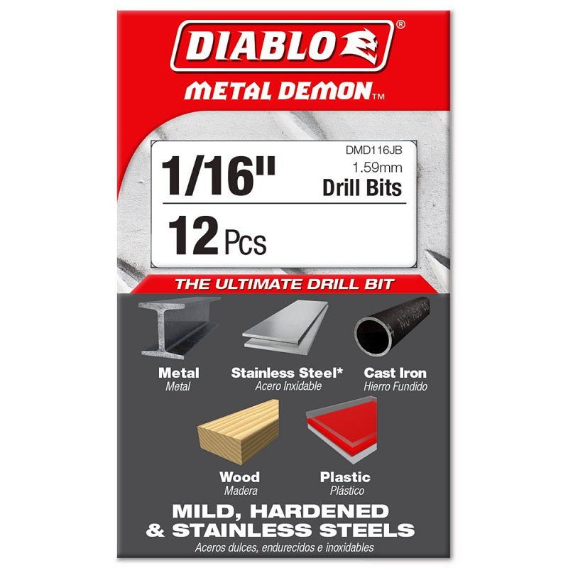 Diablo Metal Demon DMD116JP2 Drill Bit, 1/16 in Dia, 1.7 in OAL, Cylindrical Shank, Pack of 12