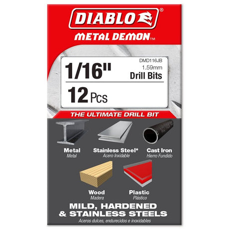 Diablo Metal Demon DMD116JP2 Drill Bit, 1/16 in Dia, 1.7 in OAL, Cylindrical Shank, Pack of 12