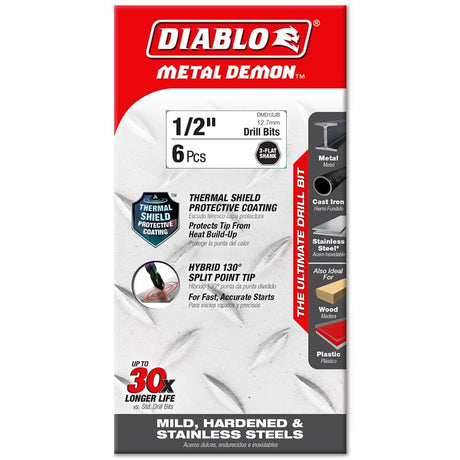 Diablo Metal Demon DMD12JP1 Drill Bit, 1/2 in Dia, 5.9 in OAL, Three-Flat Reduced Shank, Pack of 6