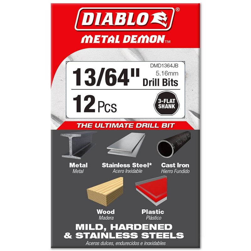 Diablo Metal Demon DMD1364JP1 Drill Bit, 13/64 in Dia, 3.4 in OAL, Three-Flat Shank, Pack of 12