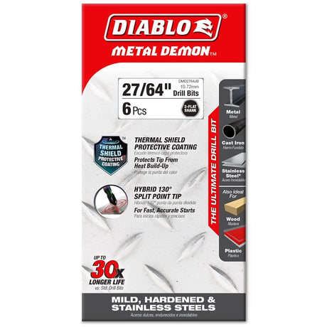 Diablo Metal Demon DMD2764JP1 Drill Bit, 27/64 in Dia, 5.6 in OAL, Three-Flat Reduced Shank, Pack of 6