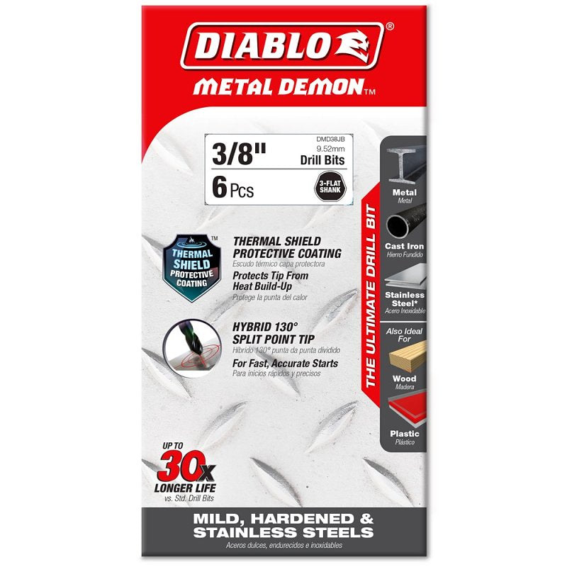 Diablo Metal Demon DMD38JP1 Drill Bit, 3/8 in Dia, 5.2 in OAL, Three-Flat Shank, Pack of 6