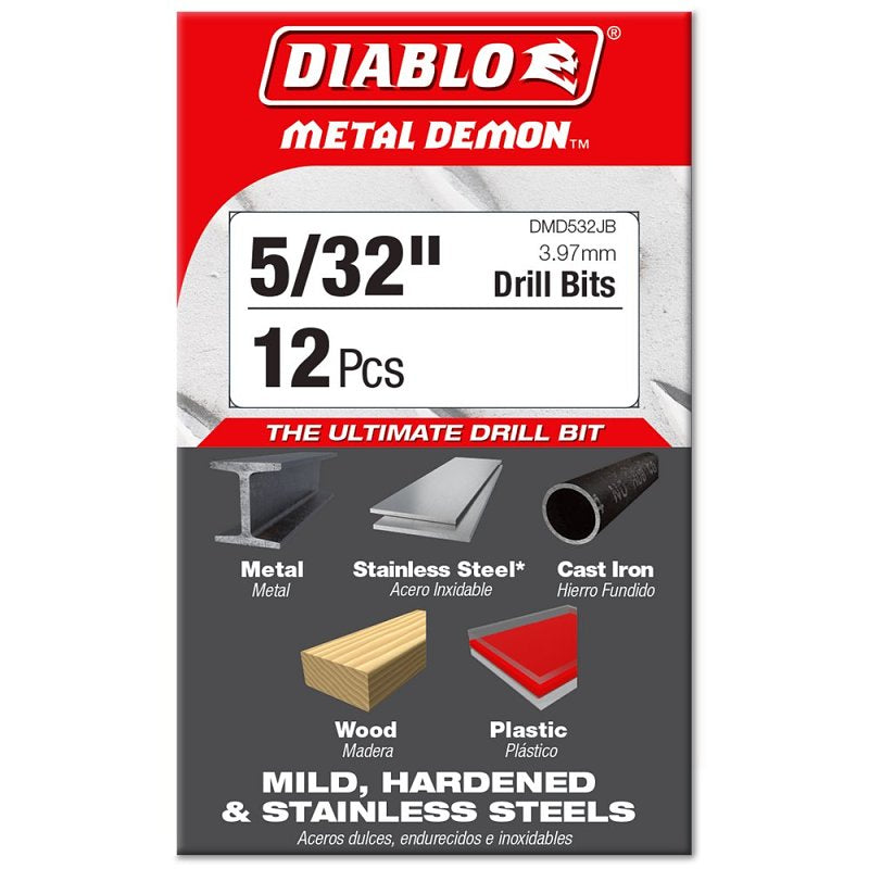 Diablo Metal Demon DMD532JP1 Drill Bit, 5/32 in Dia, 3 in OAL, Three-Flat Shank, Pack of 12
