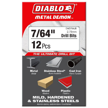 Diablo DMD764JB Drill Bit, 7/64 in Dia, 2.4 in OAL, 3-Flat Shank, Pack of 12