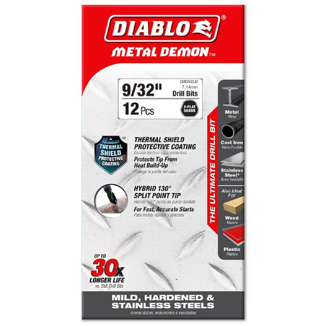 Diablo Metal Demon DMD932JP1 Drill Bit, 9/32 in Dia, 4.3 in OAL, Three-Flat Shank, Pack of 12