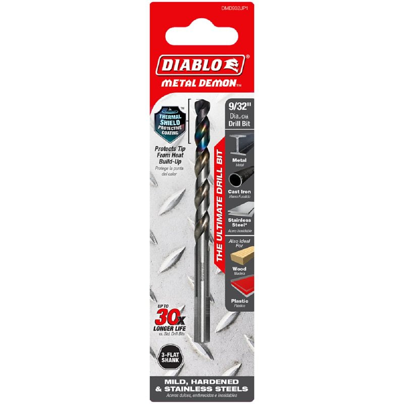 Diablo Metal Demon DMD932JP1 Drill Bit, 9/32 in Dia, 4.3 in OAL, Three-Flat Shank