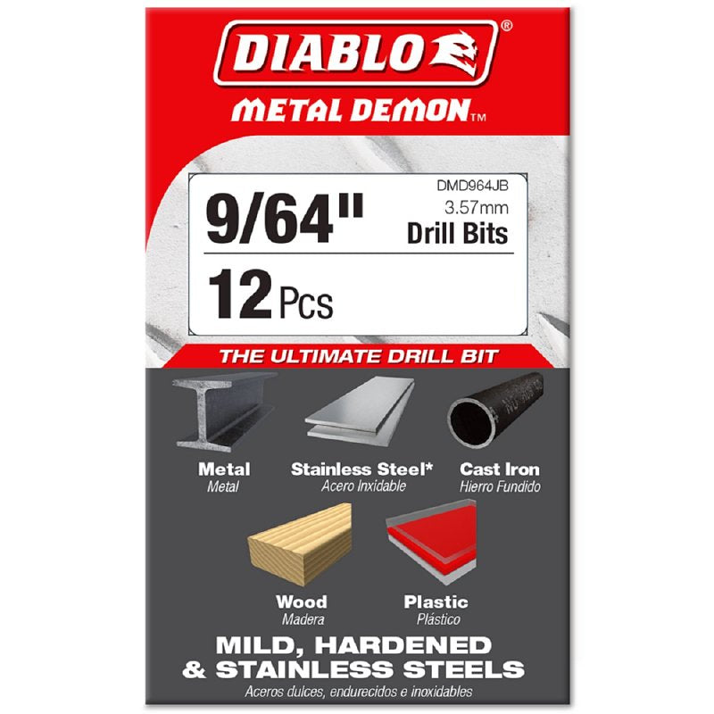 Diablo DMD964JB Drill Bit, 9/64 in Dia, 2.8 in OAL, 3-Flat Shank, Pack of 12