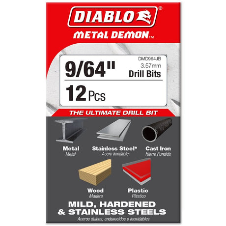 Diablo DMD964JB Drill Bit, 9/64 in Dia, 2.8 in OAL, 3-Flat Shank, Pack of 12