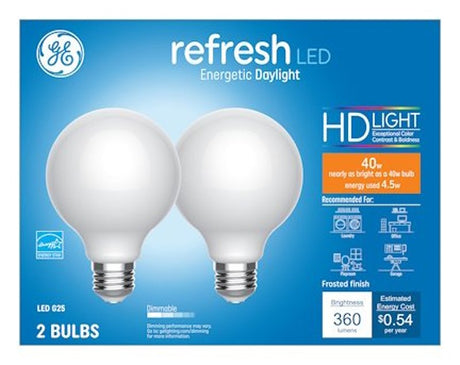 GE 47659 LED Bulb, Globe, 350 Lumens, 4.5 W, G25 Lamp, 40 W Equivalent, E26 Lamp Base, Dimmable, Daylight