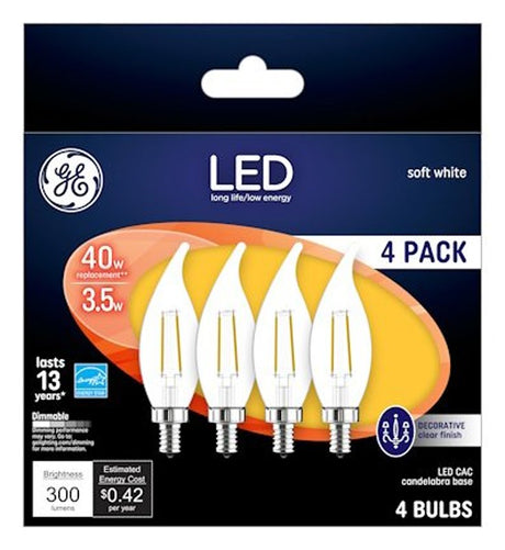 GE 92674 LED Bulb, Decorative, 300 Lumens, 4 W, CA Lamp, 40 W Equivalent, Dimmable, Soft White, 2700 K Color Temp