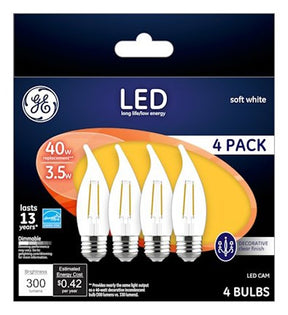 GE 92677 LED Bulb, 120 V, 300 Lumens, 4 W, CA Lamp, 40 W Equivalent, Dimmable, Soft White, 2700 K Color Temp