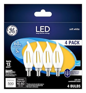 GE 93129333 Decorative LED Light Bulb, Bent Tip, 500 Lumens, 5 W, CAC Lamp, 60 W Equivalent, E12 Candelabra Lamp Base