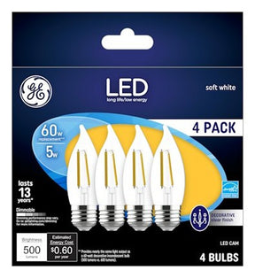GE 93129342 Decorative LED Light Bulb, Bent Tip, CA11 Lamp, 60 W Equivalent, E26/24 Medium Lamp Base, Dimmable, Clear