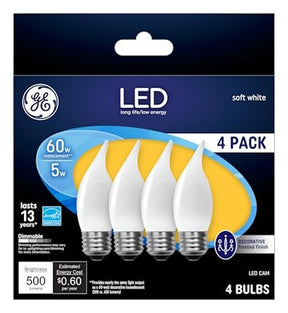 GE 93129351 LED Bulb, Flame Lamp, 60 W Equivalent, Medium Lamp Base, Dimmable, Frosted, Warm White Light