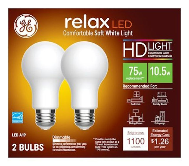 GE 93129420 LED Light Bulb, A19 Lamp, 75 W Equivalent, Medium Lamp Base, Dimmable, Soft White, 2700 K Color Temp