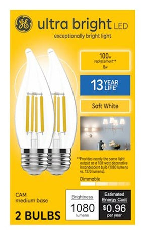 GE 93131752 Bulb, Candle Lamp, 100 W Equivalent, Medium Lamp Base, Yes, Warm White, 2700 K Color Temp