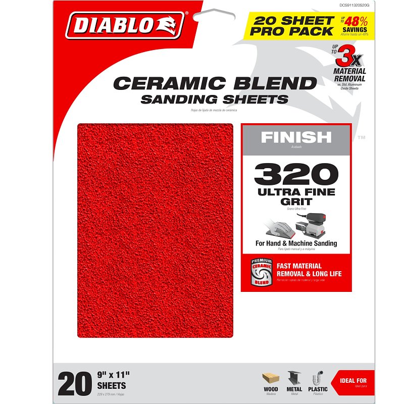 Diablo DCS911320S20G Sanding Sheet, 9 in W, 11 in L, 220 Grit, Ultra Fine, Ceramic Grain Abrasive