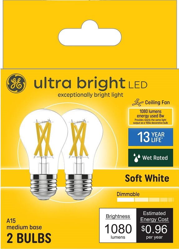 GE Ultra Bright A-1038345-01 LED Light Bulb, A15 Lamp, 100 W Equivalent, E26 Medium Lamp Base, Dimmable, Clear