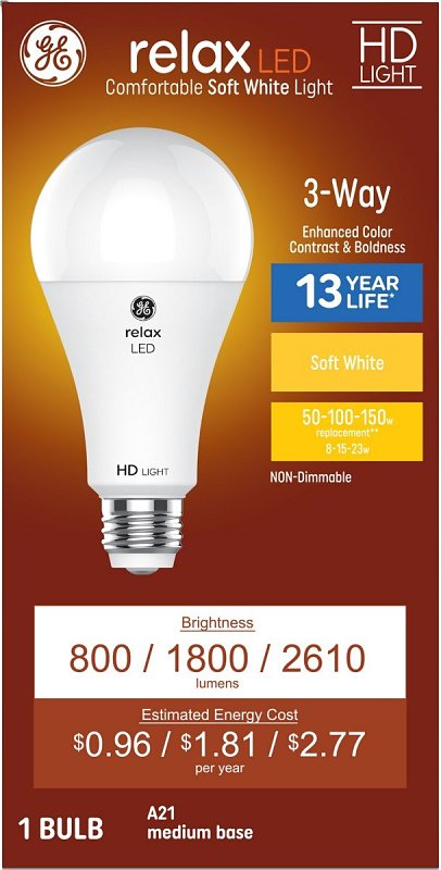 GE Relax Series 93129885 LED Bulb, General-Purpose, A21 Lamp, 150 W Equivalent, E26 Medium Lamp Base, Soft White