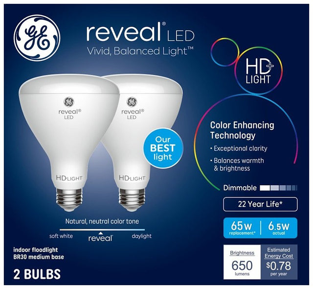 GE 93132027 LED Bulb, BR30 Lamp, 65 W Equivalent, E26 Medium Lamp Base, Dimmable, Soft White, 2950 K Color Temp