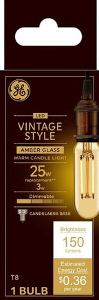 GE 93129850 Light Bulb, Decorative, T8 Lamp, 25 W Equivalent, E12 Candelabra Lamp Base, Dimmable, Amber