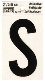 Hy-Ko RV-25/S Reflective Letter, 1-1/2 in W x 3 in H Dimensions, Character: S, 2 in H Character, Black Character, Vinyl, Pack of 10