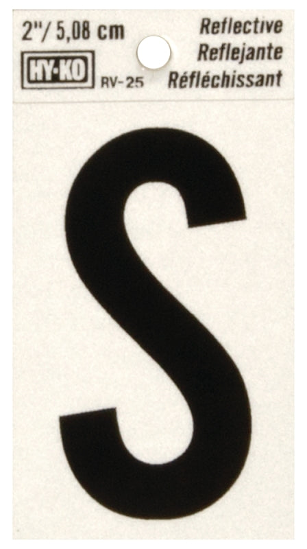 Hy-Ko RV-25/S Reflective Letter, 1-1/2 in W x 3 in H Dimensions, Character: S, 2 in H Character, Black Character, Vinyl, Pack of 10