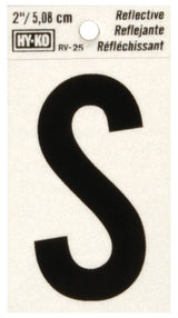 Hy-Ko RV-25/S Reflective Letter, 1-1/2 in W x 3 in H Dimensions, Character: S, 2 in H Character, Black Character, Vinyl, Pack of 10