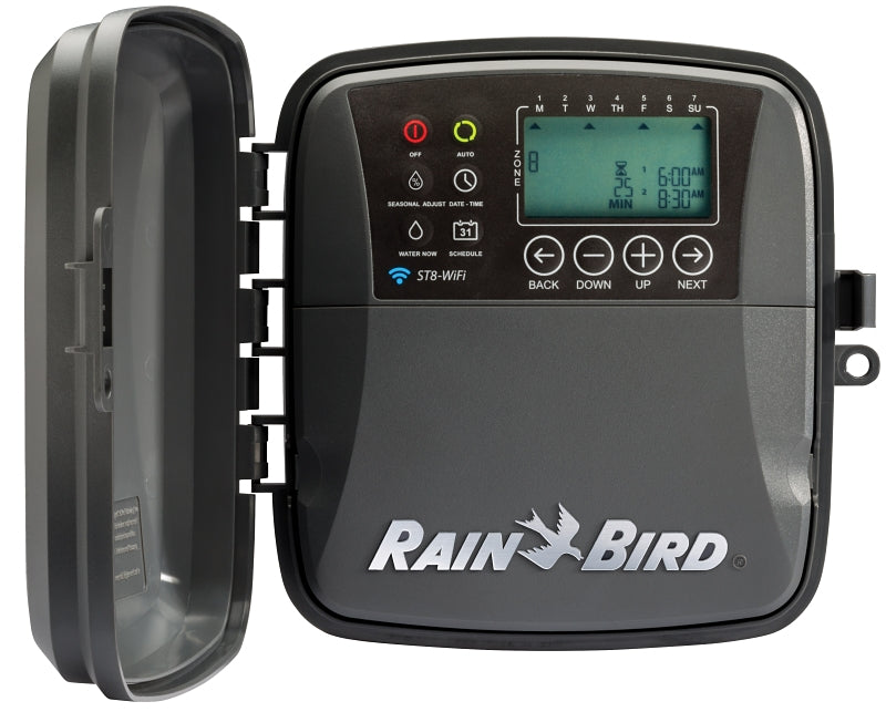 Rain Bird ST8O-2.0 Irrigation Timer, 24/120 VAC, 8 -Zone, 6 -Program, Digital Display, Wall Mounting, Gray