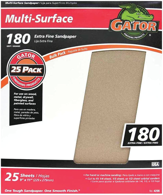 Gator 3261 Sanding Sheet, 11 in L, 9 in W, Aluminum Oxide Abrasive, 180 Grit, Extra Fine